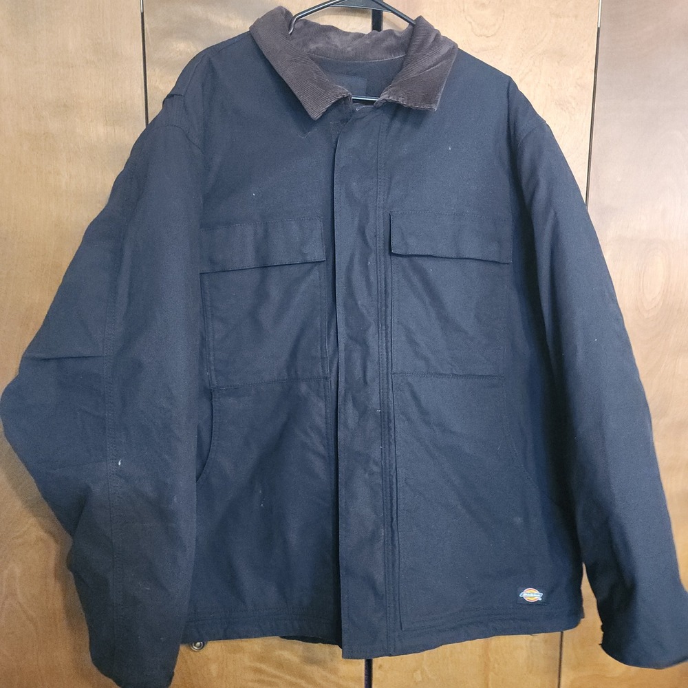 Dickies Mens XL Black Canvas Work Jacket Corduroy Collar Quilted Lined TJ718 BK